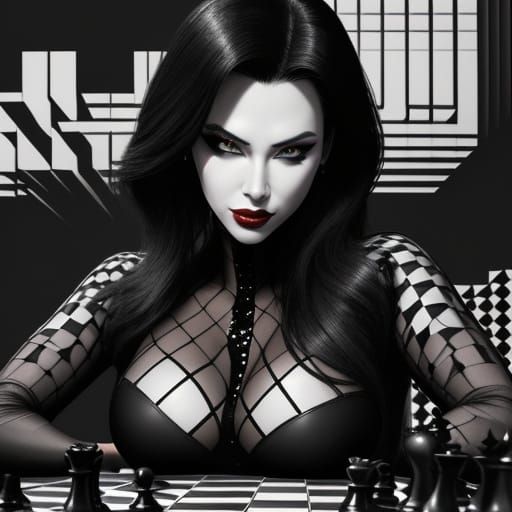 Confident Woman Confronts Chess Knight in Dynamic Comic Book...