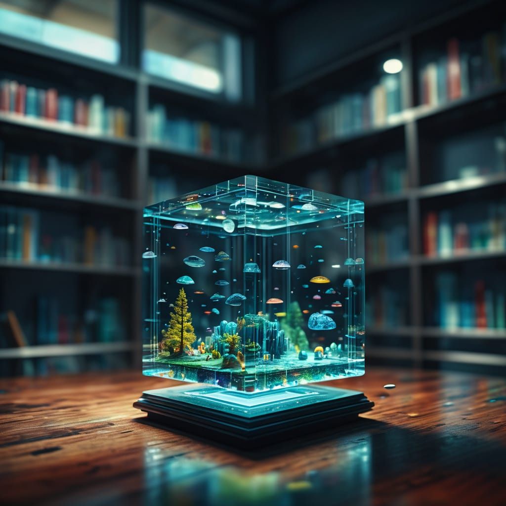 Glass cube, filled with many vivid, detailed, dimensions. Floating on a desk library in an alien world ...  by @Dorian