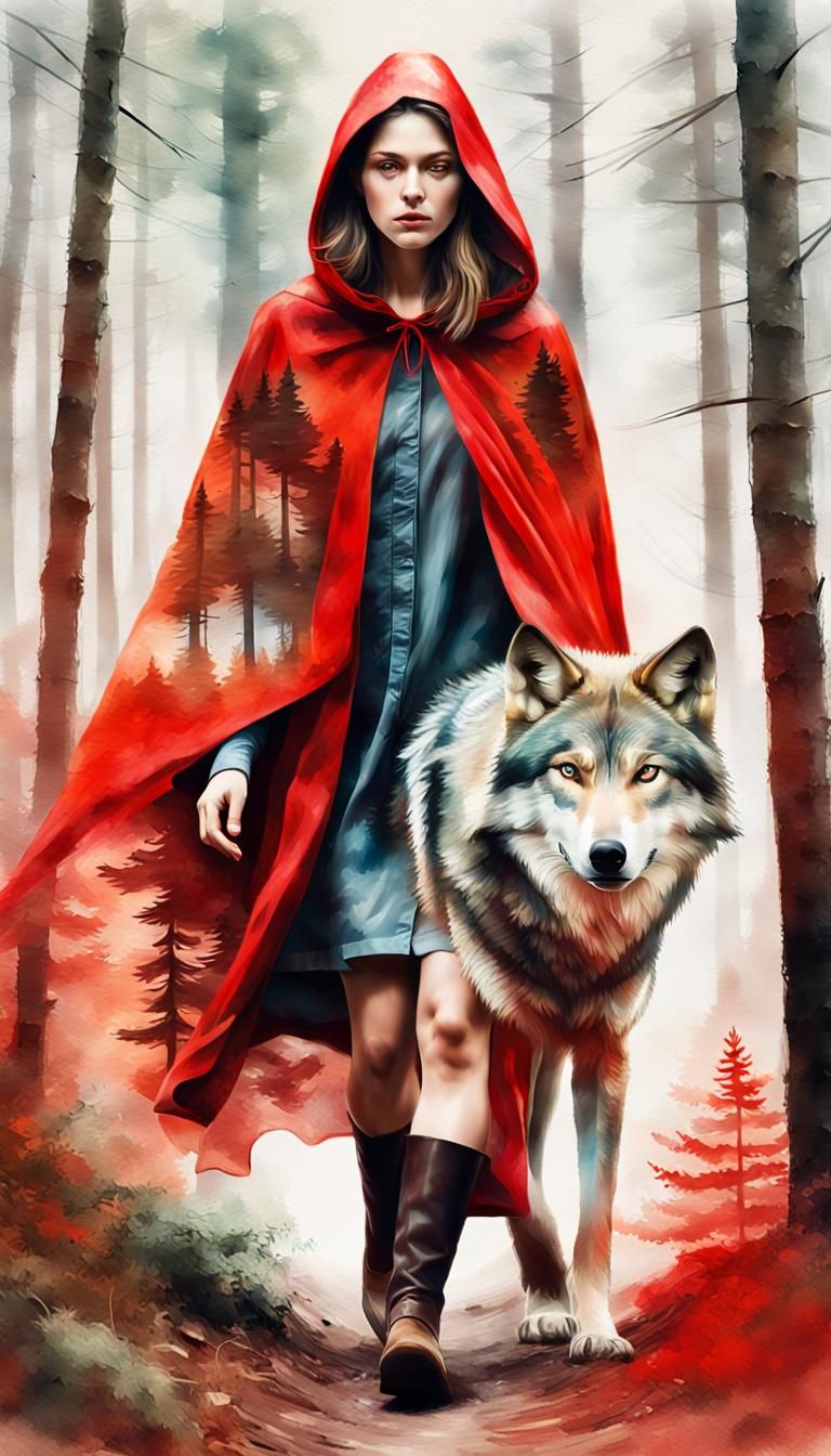 Double exposure red and the wolf