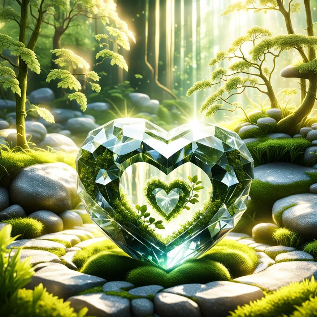 Crystal heart laying on moss  by @Mars