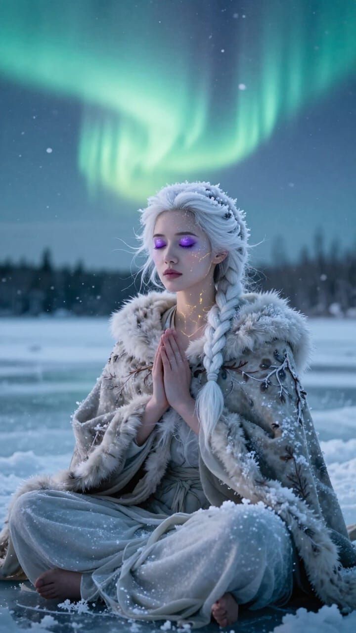 Woman Meditating Under Aurora Borealis