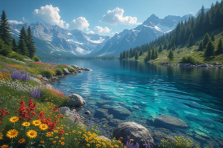 Lake, flowers and mountains