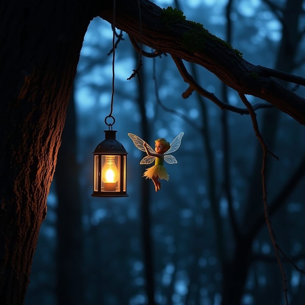 A fairy close to a lantern hanging on a tree limb.  by @Stu Padidiot