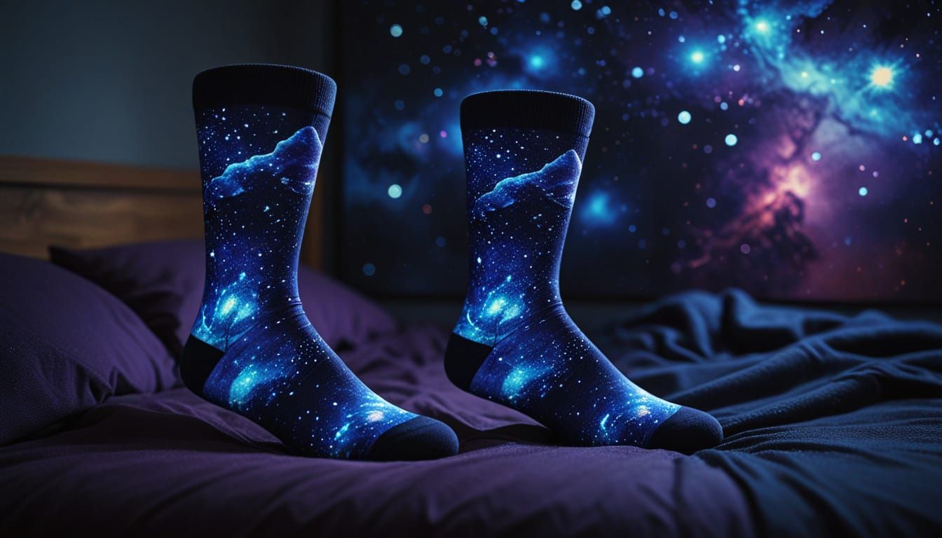 a pair of socks on bed with images of constllations on them, Alcohol Ink, Deep Saturation, intricate ...  by @Ed Evans