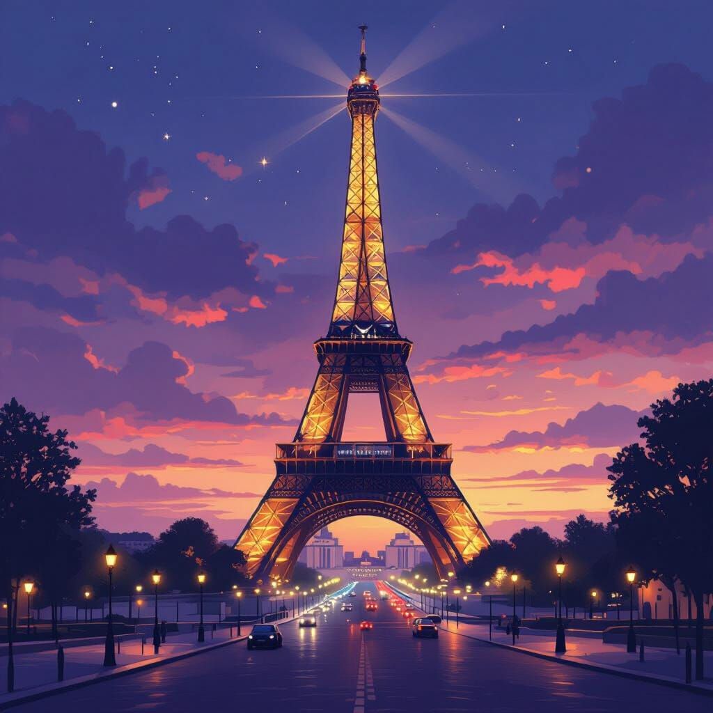 Eiffel Tower at Dusk with Romantic Realism Style