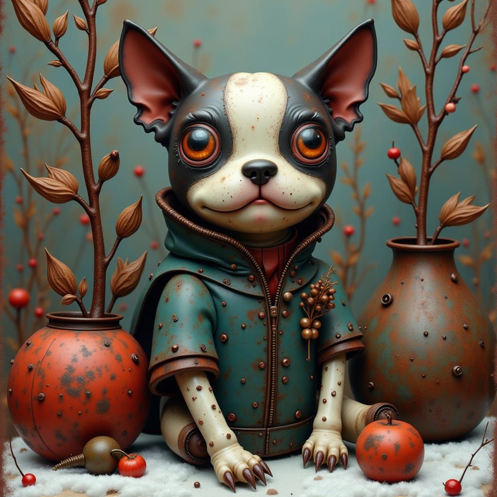<lora:RustyMetalSurrealism:1.0> oil on canvas, rusty metal, i want a Boston Terrier for christmas, intricately detailed, muted colors with v...