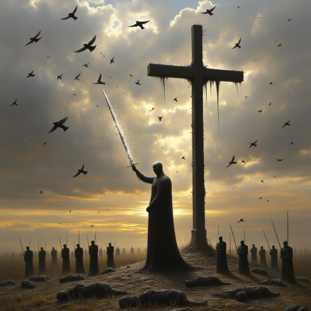  <lora:Chiaroscuro Dystopia:1.3> a large cross on the horizon, an undead knight stands next to it with his sword raised in front of him, swa...