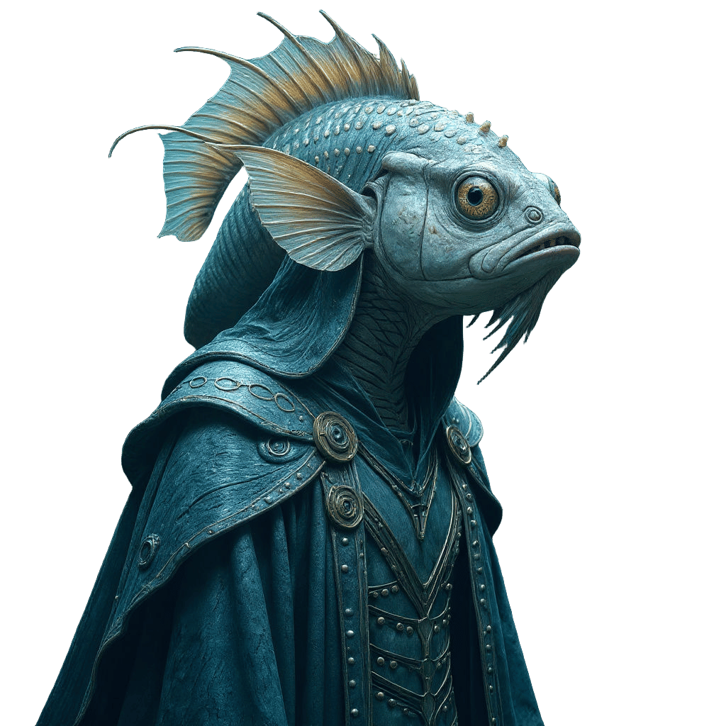 Imagine a being from another place and time looking like a half human and half fish with fins as ears and the spine wore on the outside of t...