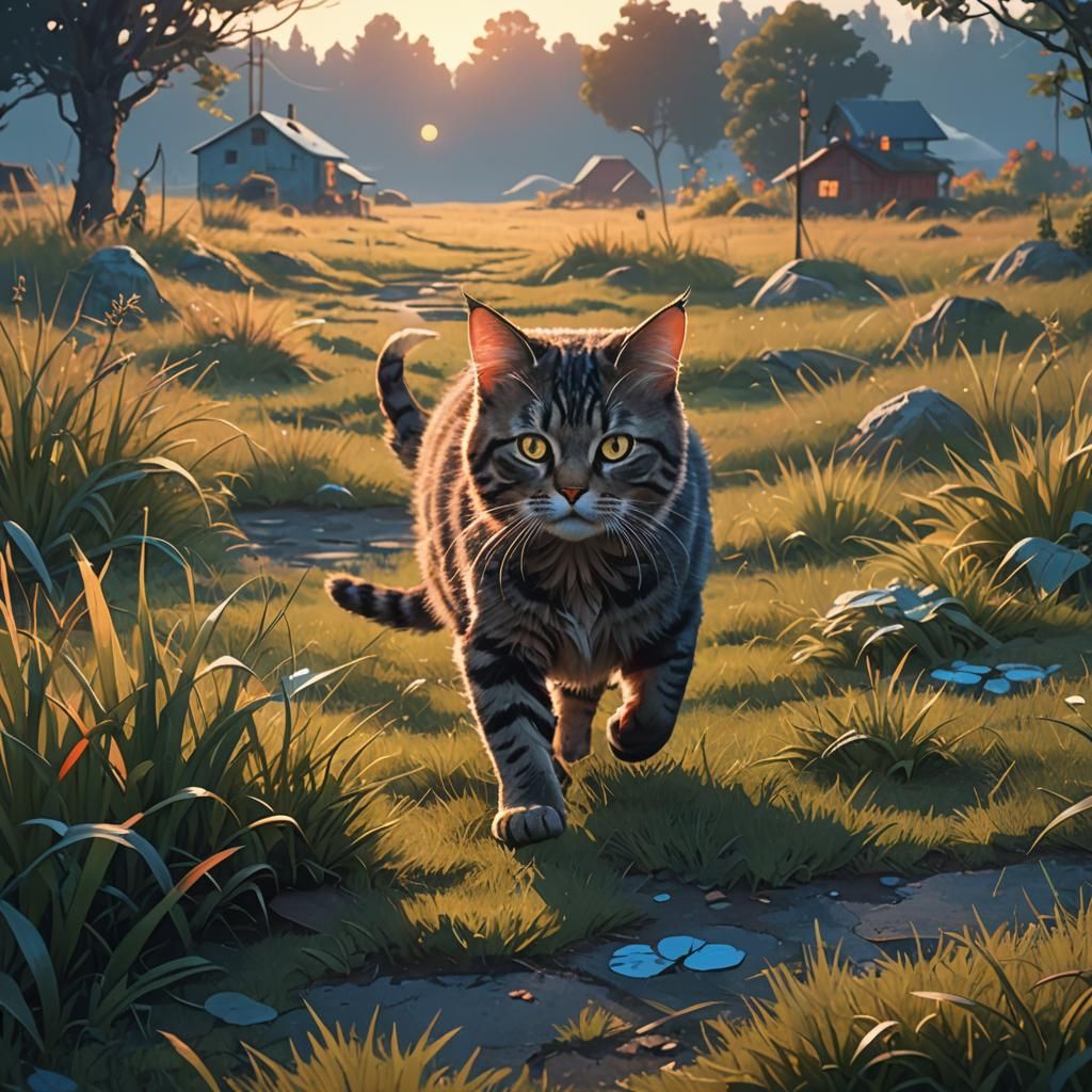 Cute Cat at Dawn in Fantasy Landscape