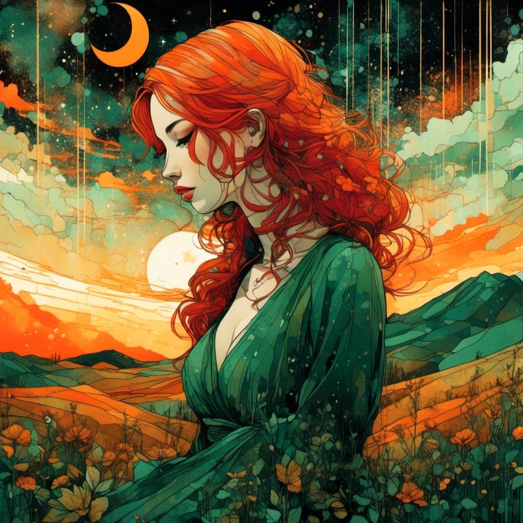  <lora:MixedMediYum:1.0>red hair, green dress. sunset, night and day scenes, mixed media style vertical lines