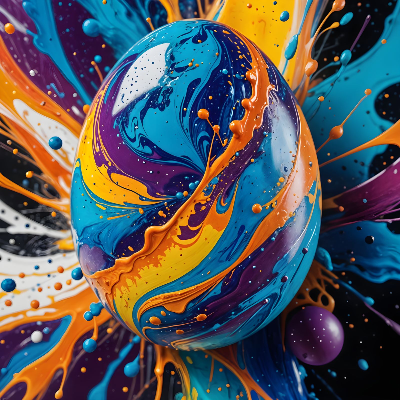 Ein Ei, das mit wirbelnder Farbe, Spritzern oder marmorierten Effekten bedeckt ist. abstract art complementary ...  by @Londo Mollari