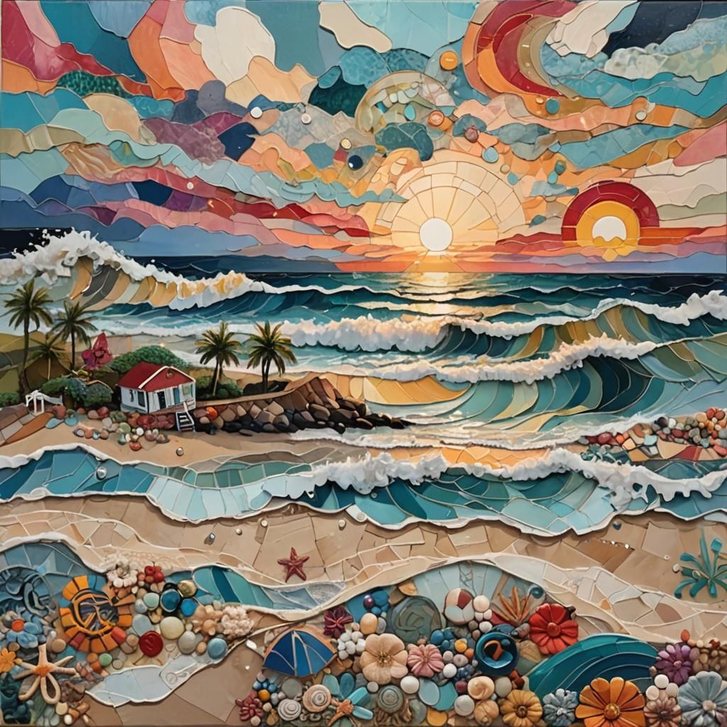 Surreal embellished patchwork mixed media of a beautiful beach scene with waves and a colorful sunset ...  by @Znarf