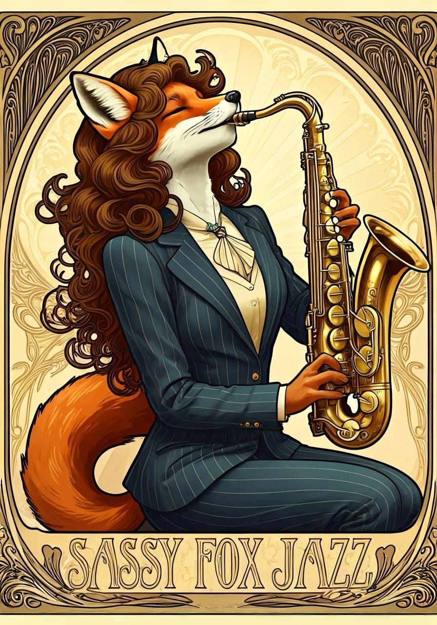 Create an Art Nouveau-inspired poster. Depict an anthropomorphic fox woman with long, wavy brown hair ...  by @SPi 