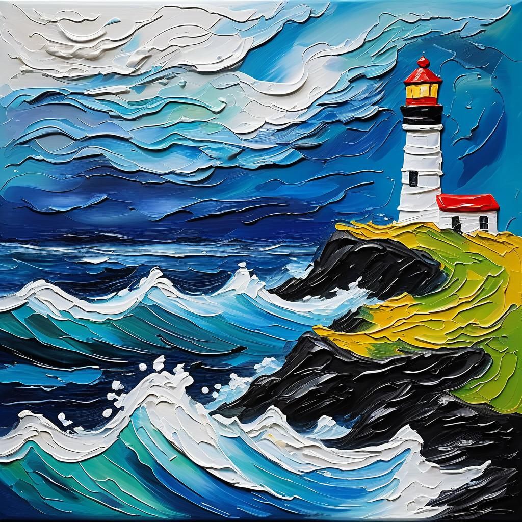  Lighthouse and stormy sea impasto painting movement art, thick brush strokes  by @HarrietM