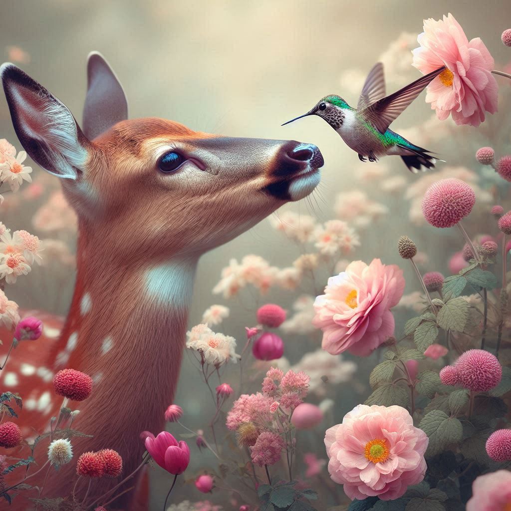 A deer admiring a hummingbird flying between flowers