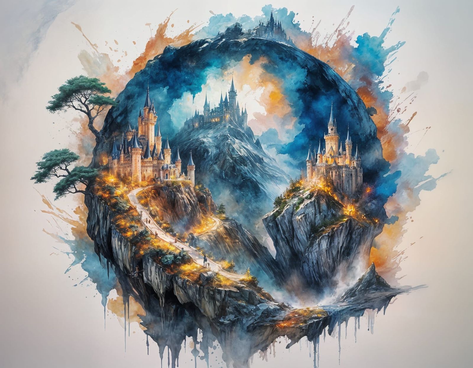 Fantasy Castle on Steep Mountain in Watercolour Style