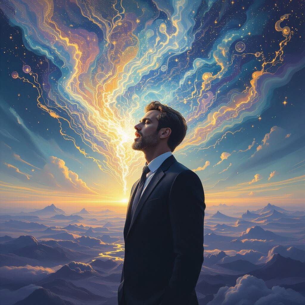 Surrealist Vision: Man Speaking Before Ethereal Shifting Lan...