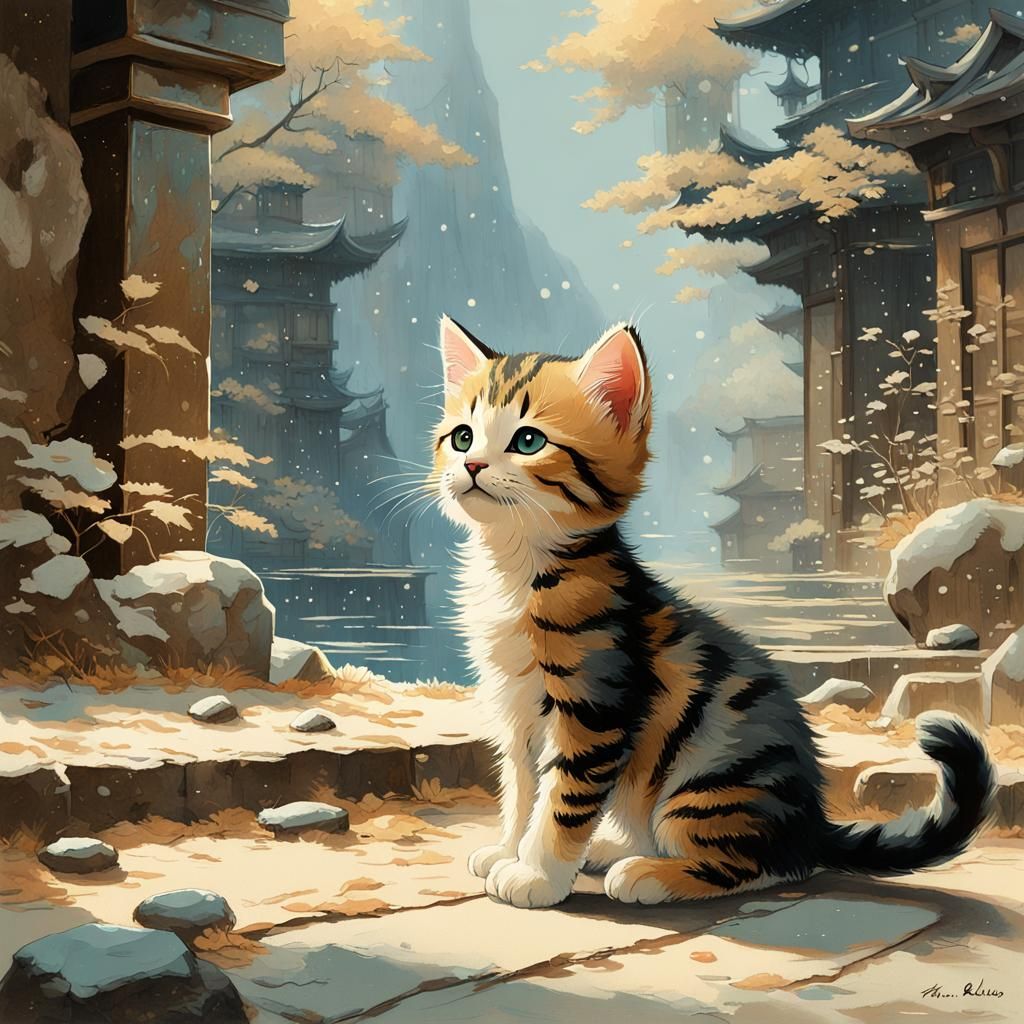 A curious kitten, eyes wide and sparkling