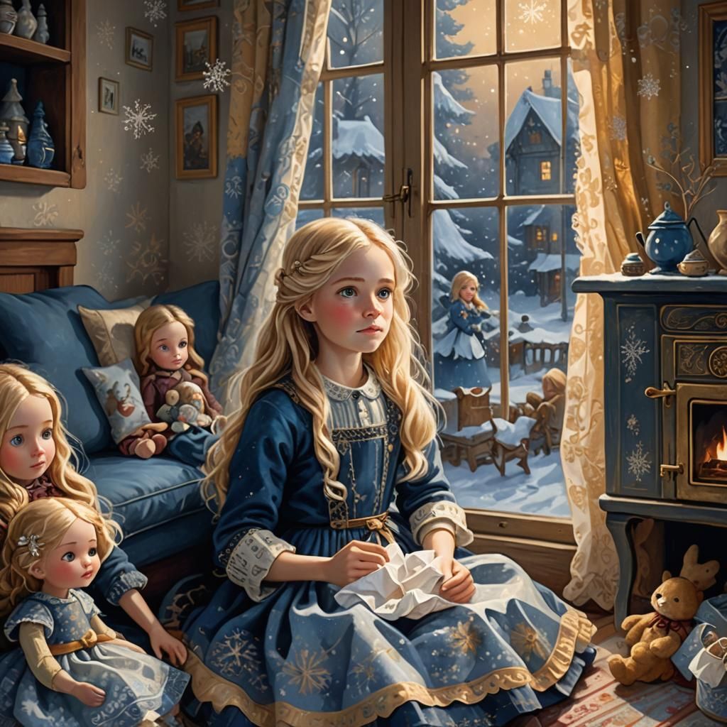 Whimsical Fantasy Art: Girl with Dolls in Winter
