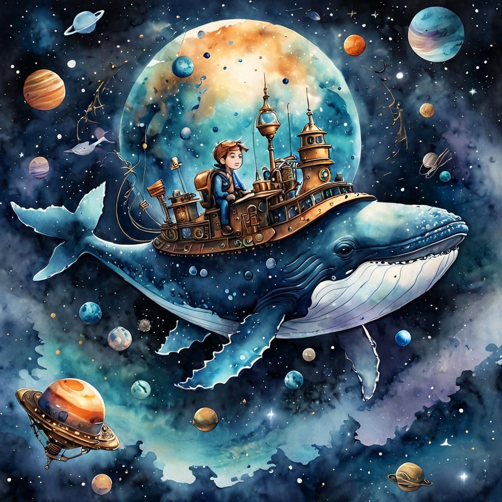 Stunning watercolor illustration  Close-up: cute pixar-styled  steampunk humpback whale  in outer space. ...  by @Jano