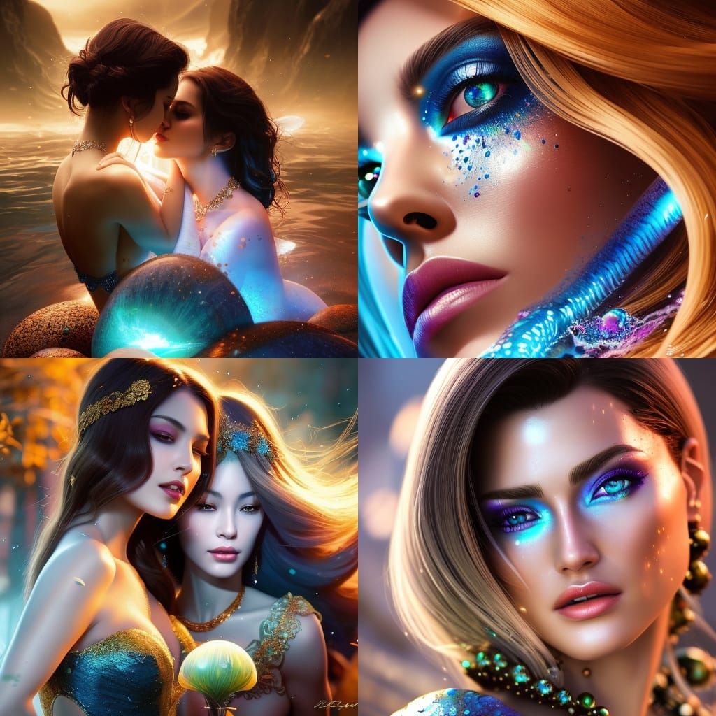 Photo-realism HDR portrait, 2 beautiful women making love touching each  other, flawless eyes, “by Artgerm, Pixar, WLOP”, fantasy rainbow iri... -  AI Generated Artwork - NightCafe Creator