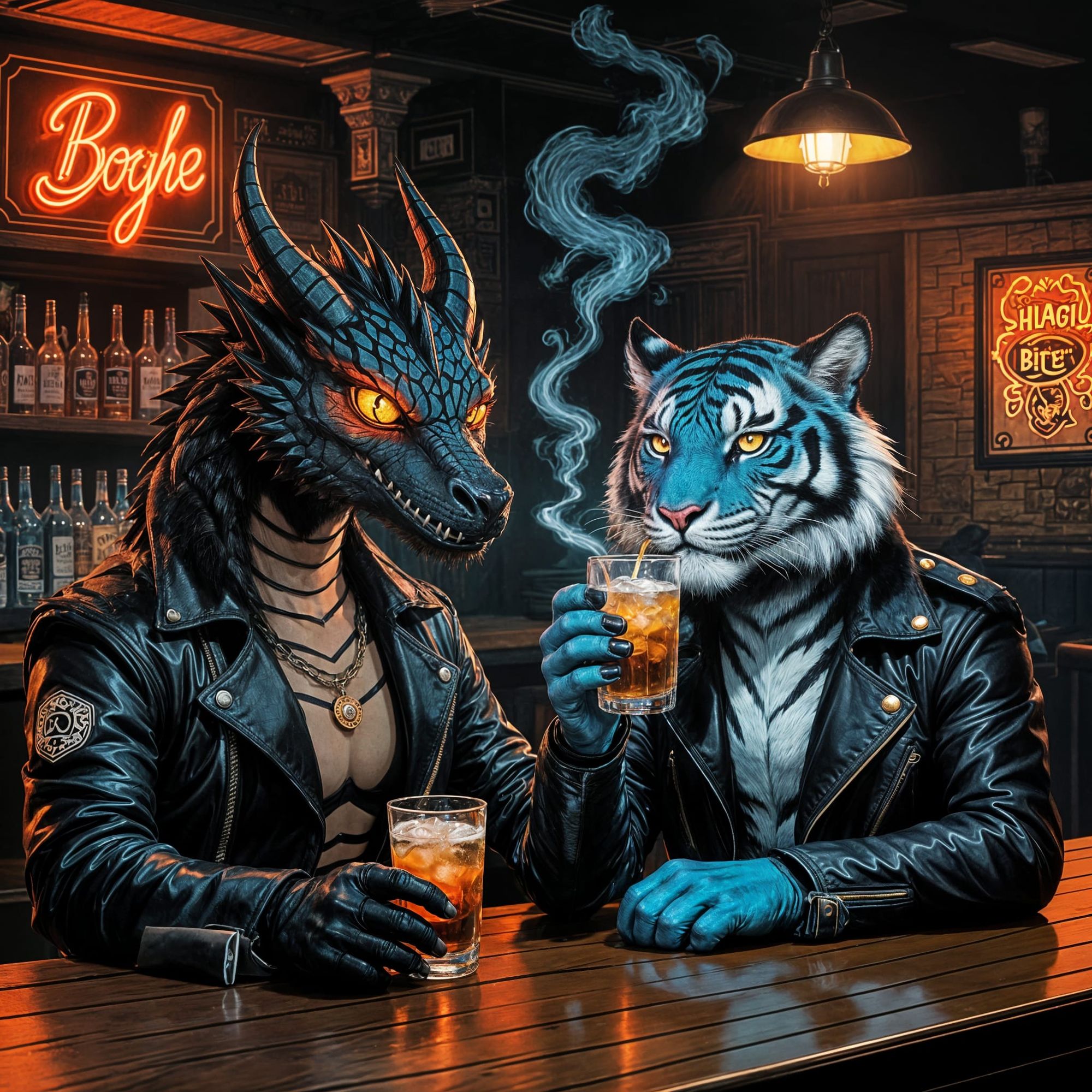 An anthro black dragon, an anthro blue tiger sitting in a bar having drinks 