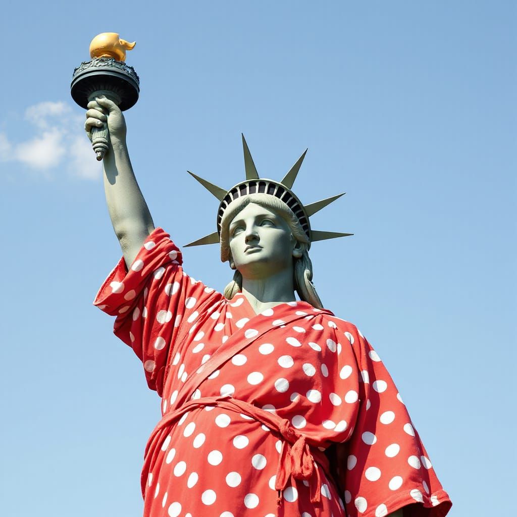 Statue of liberty in a red polka dot robe.  by @Eto Demerzel
