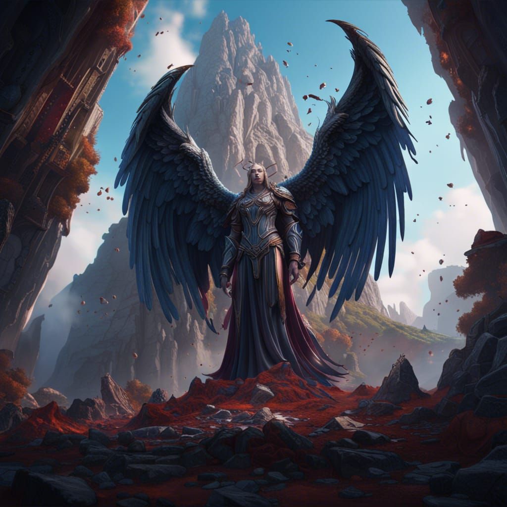 Fallen Angle With Big Wings Behind Is A Mountain. Descending From The 