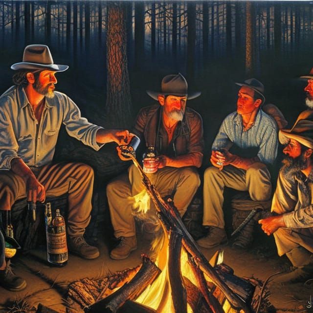 Degenerate hobos drinking rotgut by a campfire oil painting by James ...