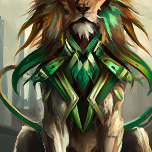 A lion with green claws wearing plate armor standing on two ...