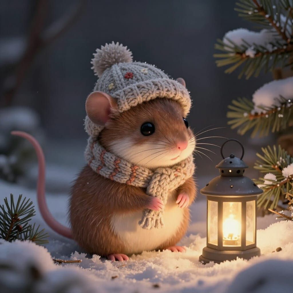 Cozy Winter Mouse in Lantern Light, Illustrative Style