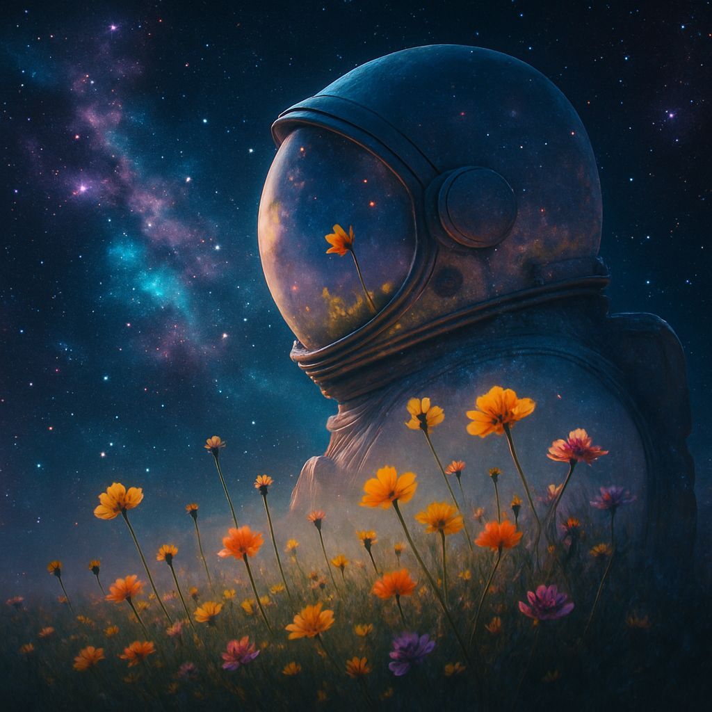 Astronaut Gazing at Cosmos with Wildflower Field