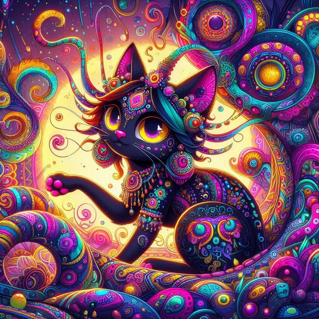 A whimsical goth Quetzalcoatl cat woman adorned with intricate, colorful details, presented in a vibrant cutecore aesthetic. The scene is ri...