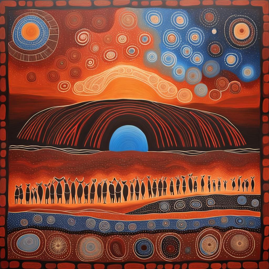 A painting of Uluru and the 10 ancestral spirits in the style of ...