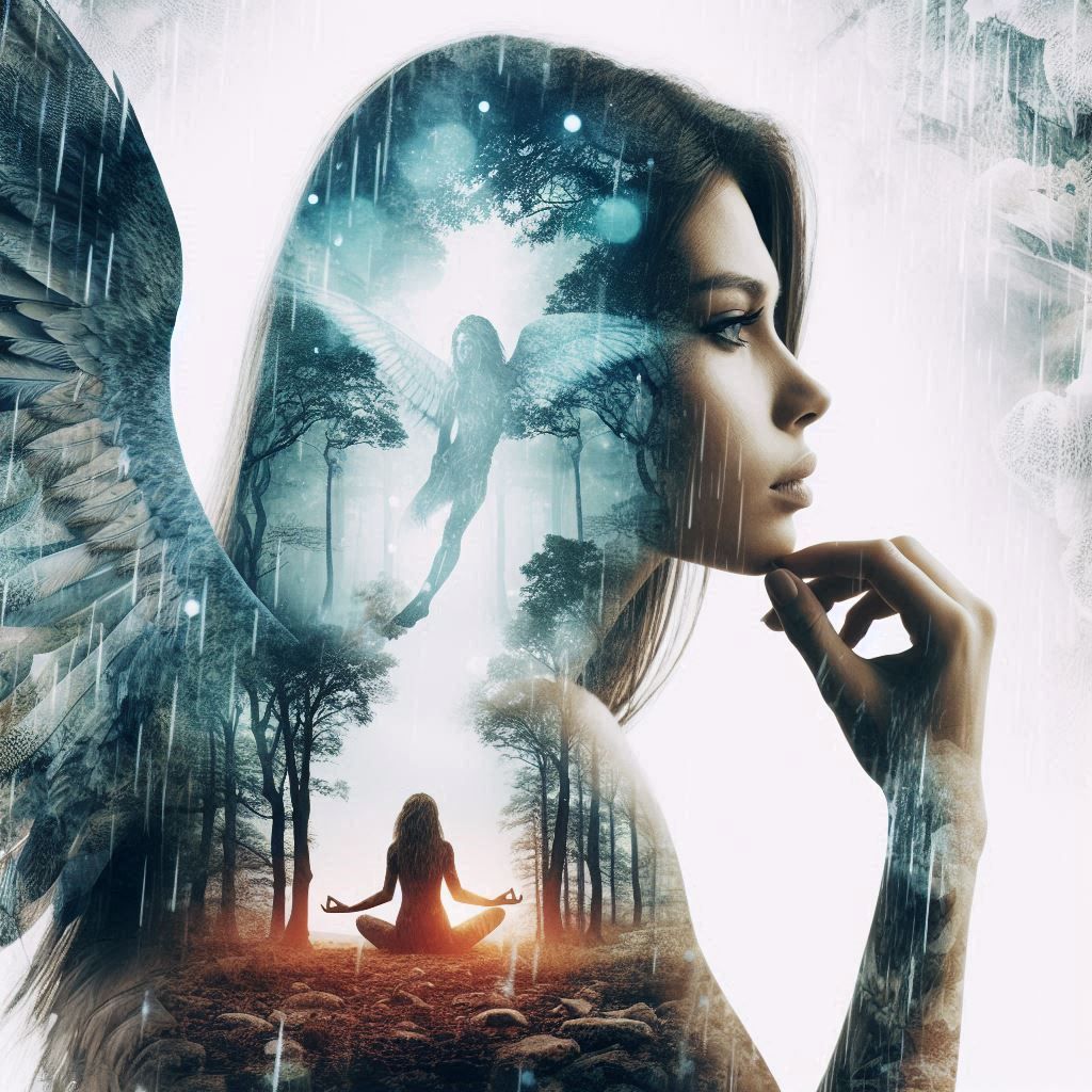 double exposure beautiful fantasy DALL-E 3 portrait landscape..