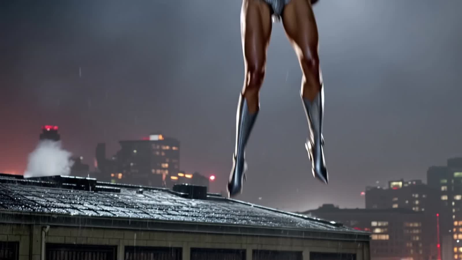 A single female warrior angel is descending rapidly in a powerful, controlled dive toward a rain-covered rooftop at nigh...