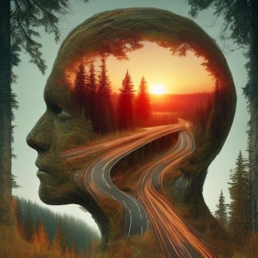 <lora:Roads-vSD-1-5:1.0> Abstract Head, road+sunset+forest, double exposure, hd photography 