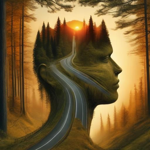 <lora:Roads-vSD-1-5:1.0> Abstract Head, road+sunset+forest, double exposure, hd photography 