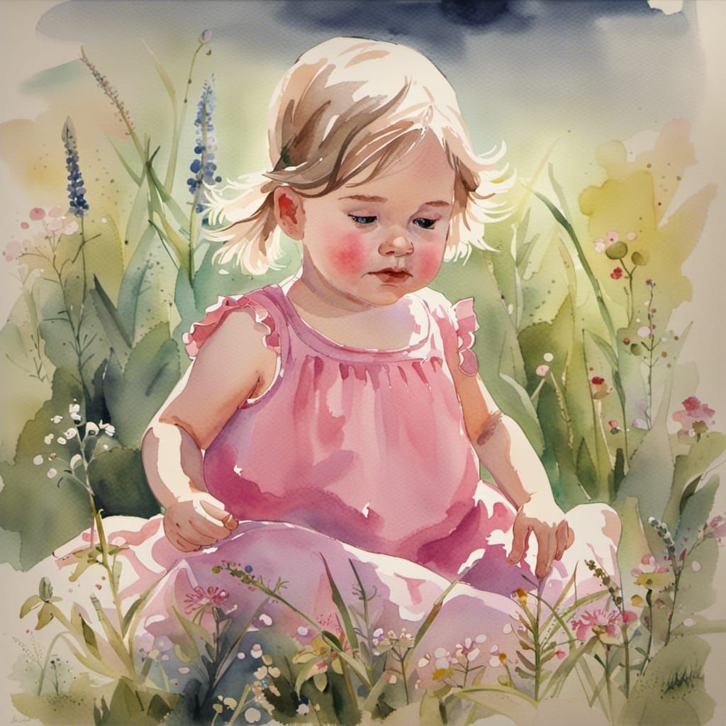 Baby in a Field of Wildflowers, watercolor 