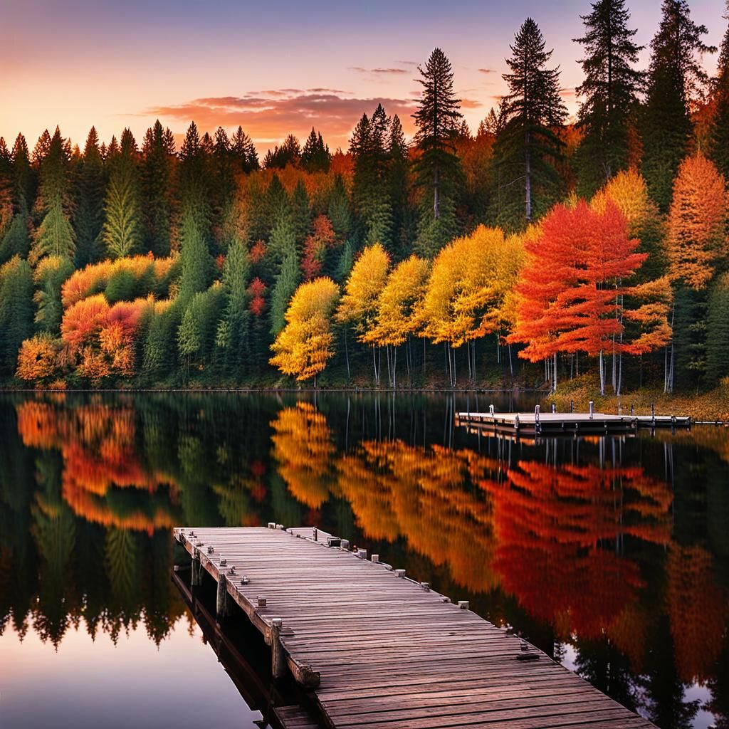 "Picture a tranquil lakeside scene at dusk, where the last r...