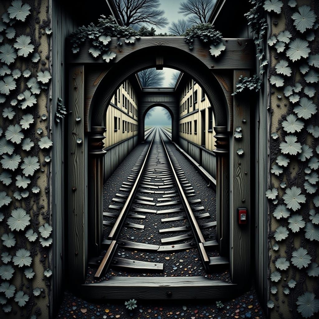 Train Tracks Force Landscape Path in Surreal Realism