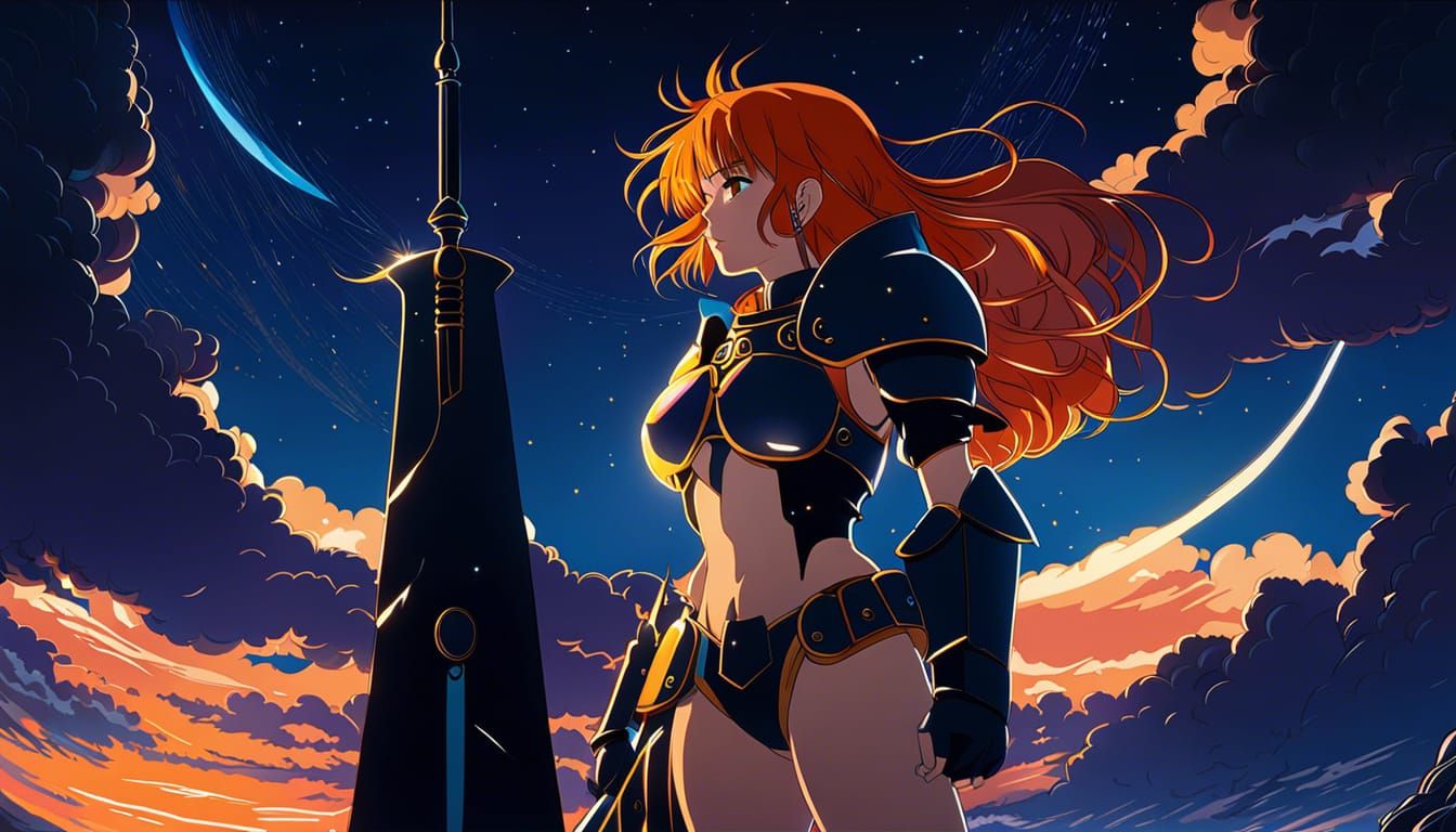 dark night sky orange haired woman in tight bikini armor sky...