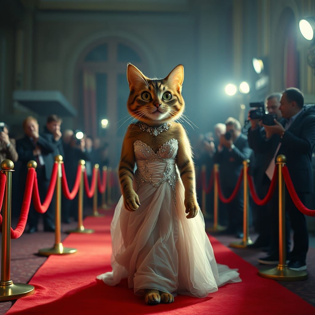 an anthropomorphic cat in a ball gown strutting the red carpet while paparazzi take photos  by @Tangled Serendipity