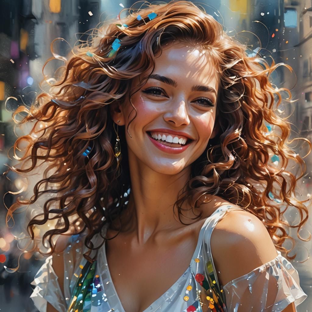 Smiling Woman in Double Exposure Watercolor Composition