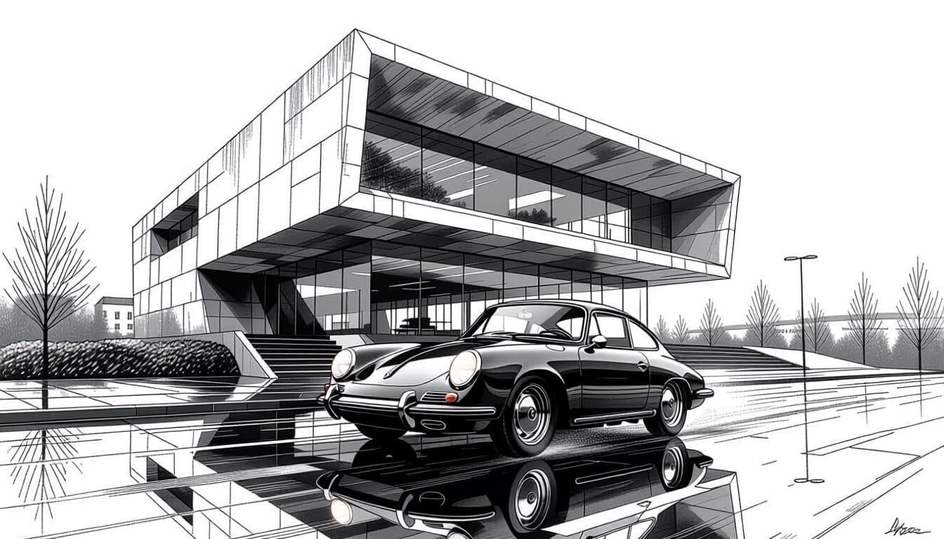 Esser style drawing modern building black and white, a real picture off a porsche 356 at the curve
