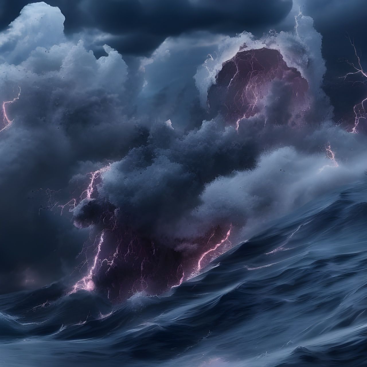 Monster Waves Under Raging Storm: Hyperrealistic Photo