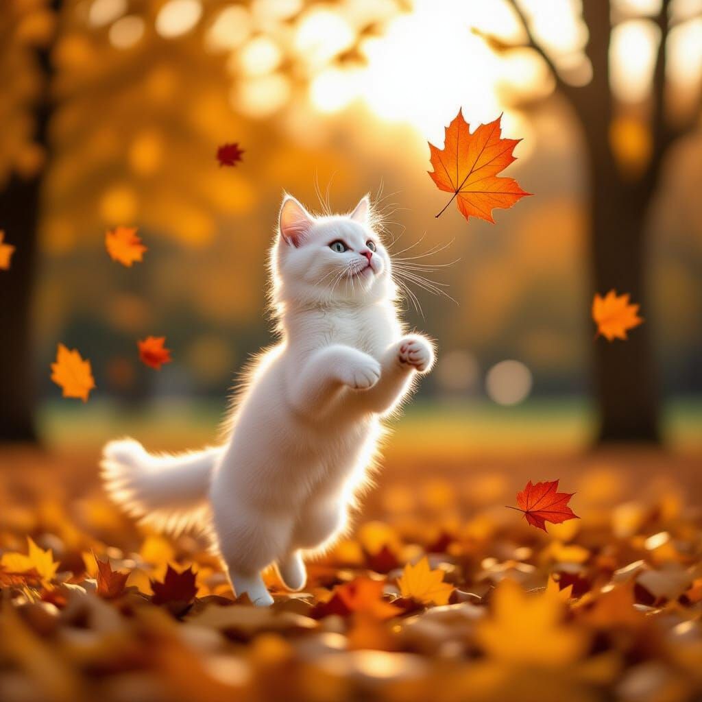 White Cat Chasing Autumn Leaf in Park