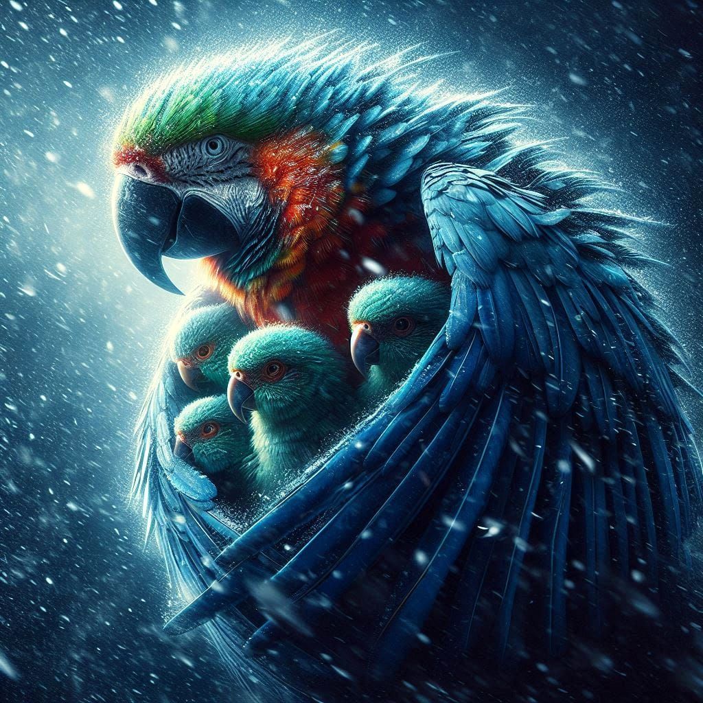 Maman perroquet protégeant ses petits