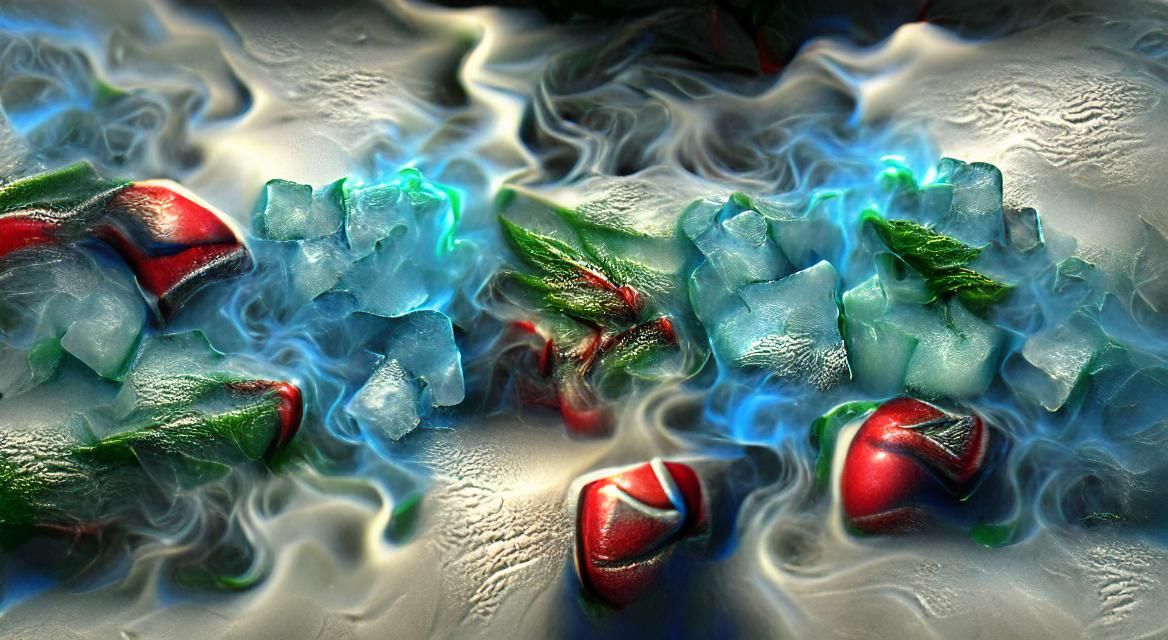 ice texture, blue and green light, red smoke photorealism