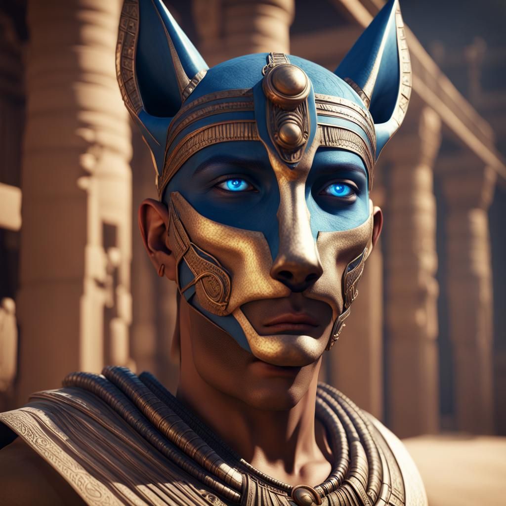 egyptian man with blue eyes wearing a jackal mask AI Generated